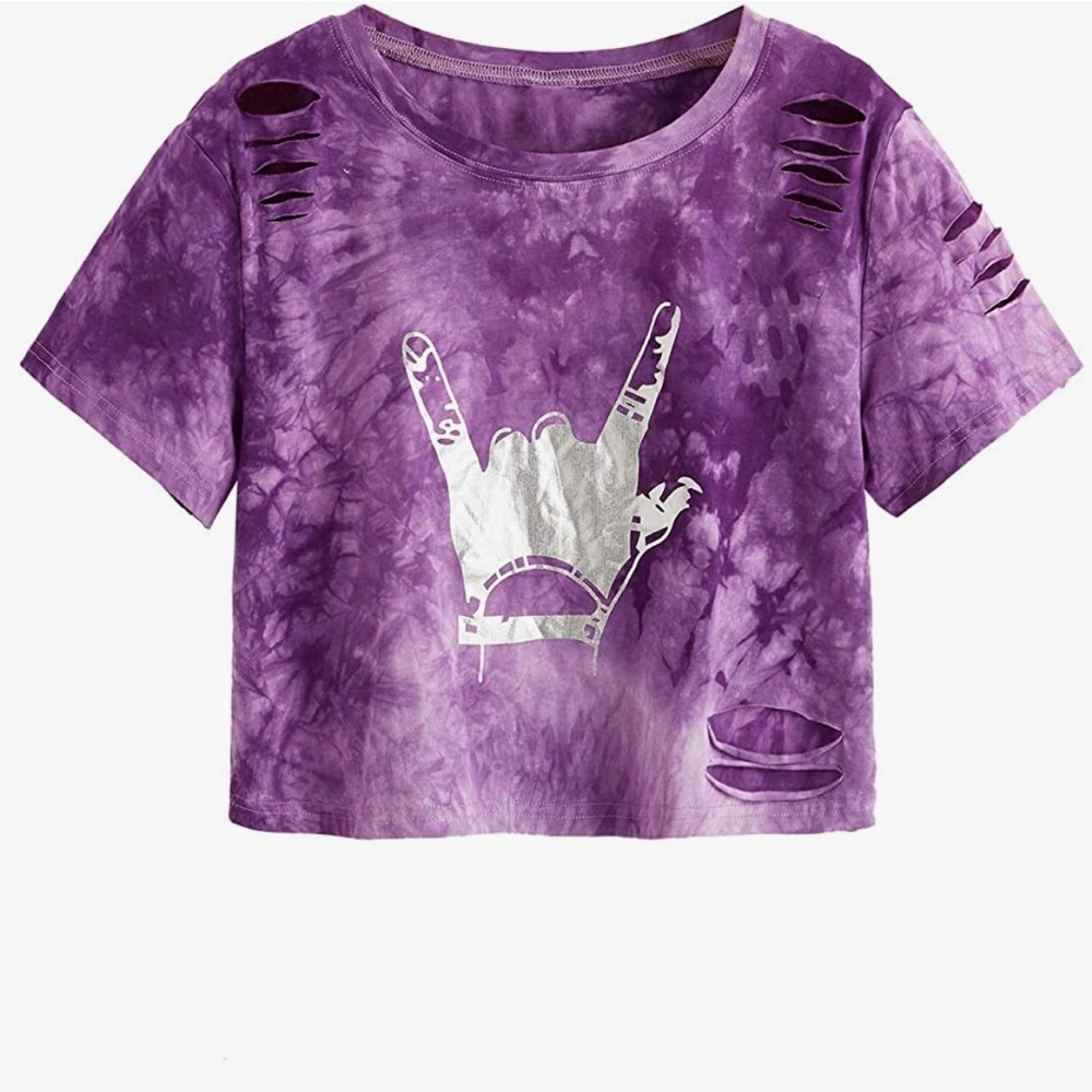 NWOT Purple Tie Dye Tattered Rocker Crop Top Medium ✨Offers Welcome✨